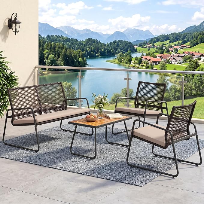 Tangkula 4 Pieces Patio Furniture Set, PE Wicker Rattan Conversation Set with Acacia Wood Coffee Table & Zippered Cushions, Outside Seating Set for Backyard, Garden & Deck (Beige, 4 Pcs)