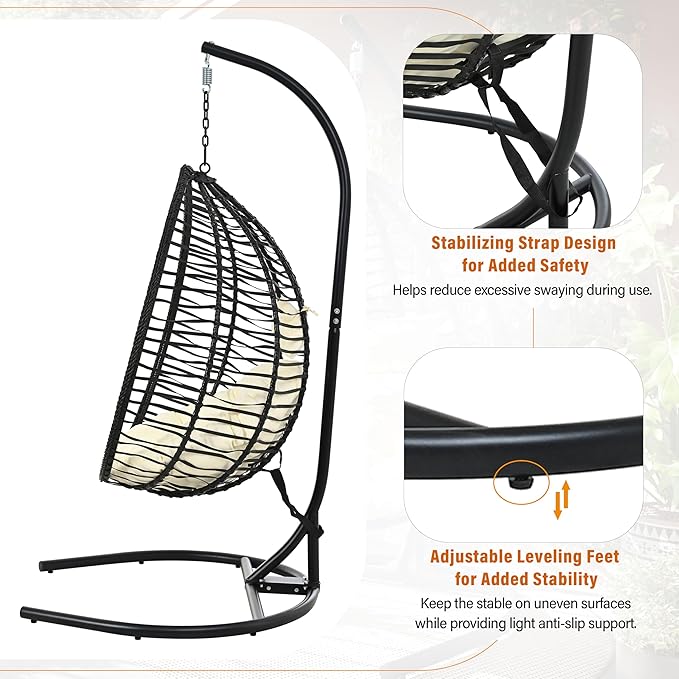 Folding Egg Chair, Outdoor Hanging Hammock Chair with Stand, Patio Wicker Hanging Chair with Iron Frame and Plush Cushion & Removable Headrest for Bedroom, Balcony, Garden (BlackBeige-A)