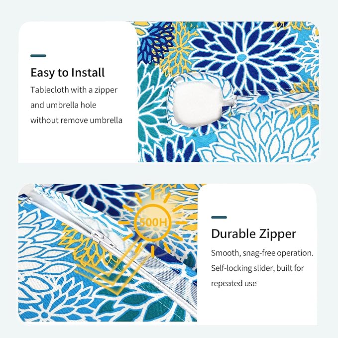 DYTXIII Outdoor Rectangle Tablecloth with Umbrella Hole and Zipper 84" x 60", Water Repellent Floral Picnic Cover, Fade & Wrinkle Resistant Tablecloth for Patio/Garden/Party Table, Dahlia Blue
