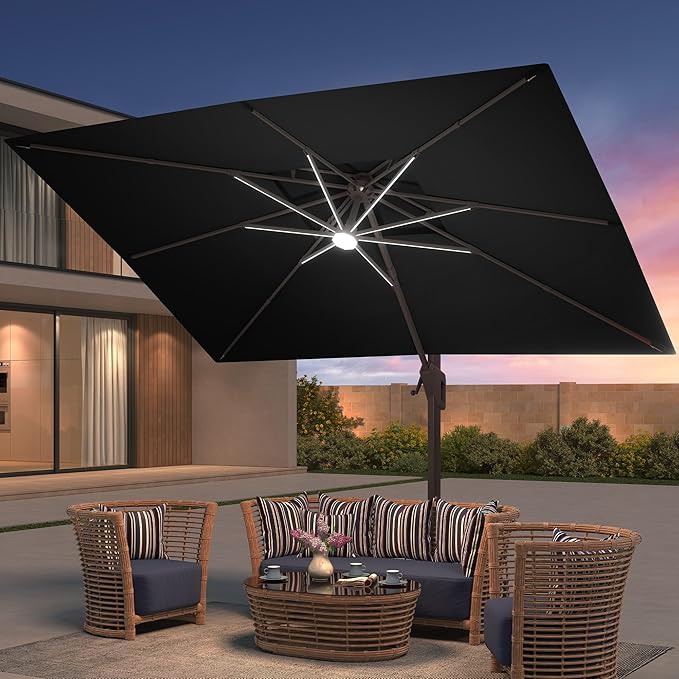9x12 FT Patio Umbrella with Weighted Base and LED Lights Cantilever Outdoor Large Heavy Duty Rectangle Aluminum Offset Umbrellas Double Top 360 Rotation for Pool Deck Garden, Black