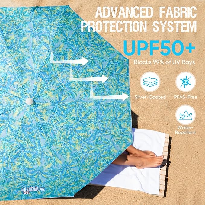Old Bahama Bay 8ft Beach Umbrella with Screw Sand Anchor & Tilt Mechanism, UPF 50+ UV Protection, Windproof Heavy Duty Portable Sun Shelter with Carry Bag for Patio, Garden, Pool, Backyard, Palm Print