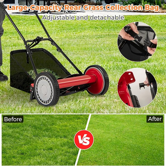 16" Manual Rear Mower, Push Lawn Mower with 5 Steel Blades, Adjustable Cutting Heights & Grass Catcher Bag, Walk-Behind Grass Cutter Lawn Sweeper for Garden, Park & Yard (Red)