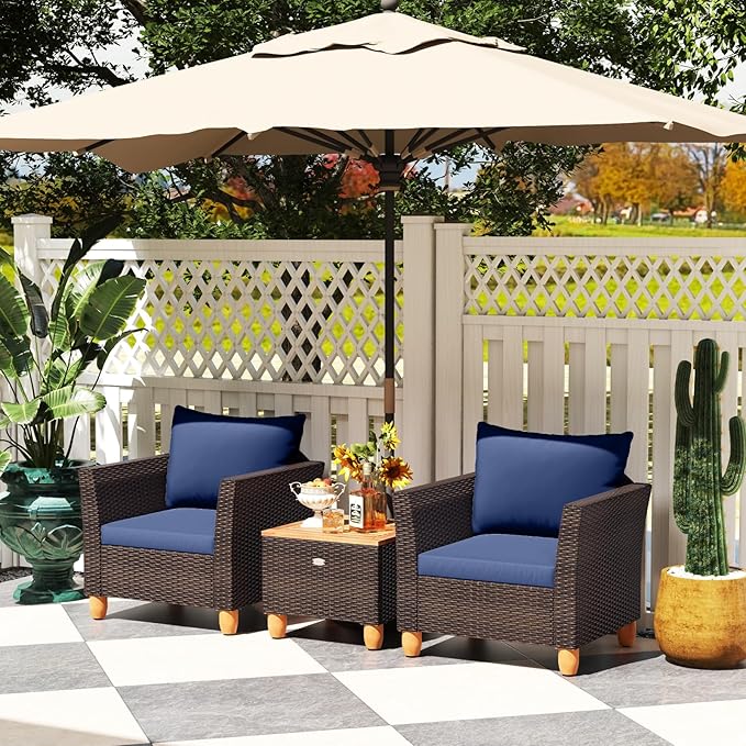 Tangkula 3-Piece Patio Furniture Set, Patiojoy Outdoor PE Wicker Bistro Set with Soft Cushions and Solid Acacia Wood, Outdoor Conversation Set with Porch, Balcony and Garden (Navy)