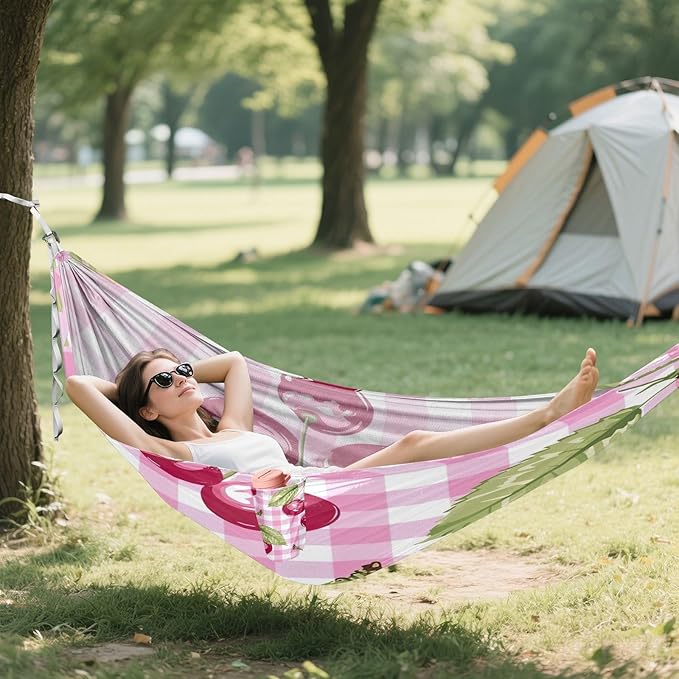 Qilmy Cherries Pink Camping Hammock Single – 330 lbs Capacity, Lightweight with Tree Straps & Carabiners, Portable for Hiking, Travel, Backpacking