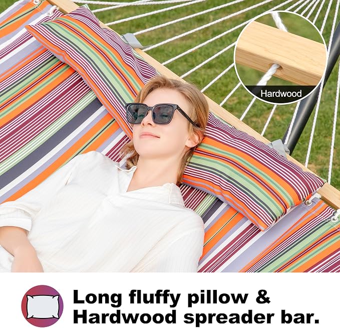 GAFETE Hammock 2 Person Quilted Fabric Hammocks for Outside, Double 12ft Hammocks with Spreader Bar, Large Removable Pillow, Storage Bag, Carabiners, Max 475 lbs Capacity (Canyon Sunset)
