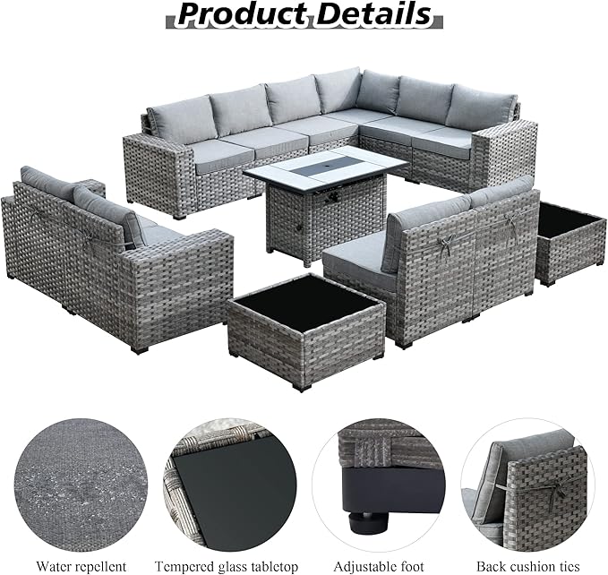 HOOOWOOO Outdoor Patio Sectional Furniture Sofa Set with Propane Fire Pit Table,13 Piece Large Modern Wicker Couch with Widened Armrest,Modular L Shaped Conversation Seating Set(Dark Grey)