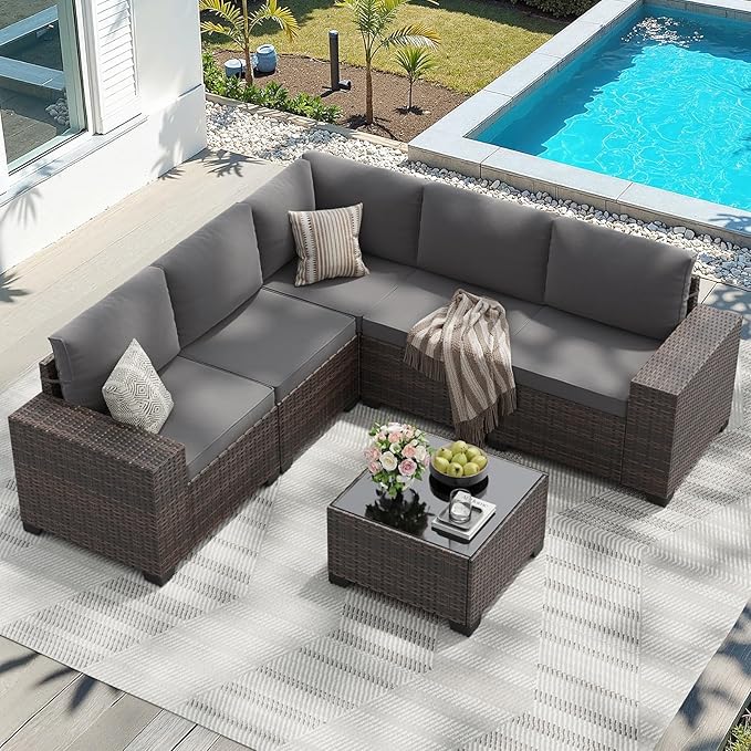 Soohow 6-Piece Patio Furniture Set All-Weather Outdoor Wicker Sectional Conversation Set with Cushion and Glass Table for Garden, Porch, Backyard, Grey Cushions