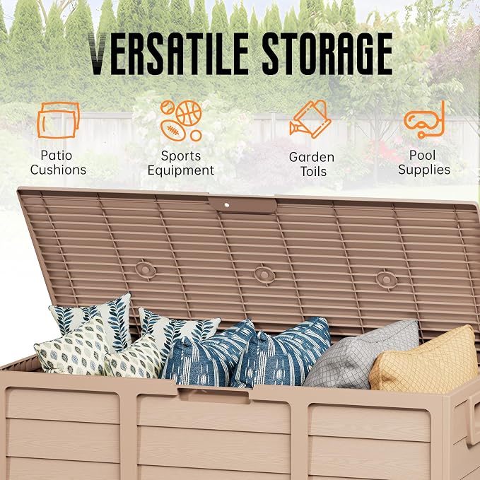 Crownland Outdoor 75 Gallon Storage Deck Box, Weatherproof Woodgrain Patio Storage Box for Balcony, Garden, Backyard (Light Brown)