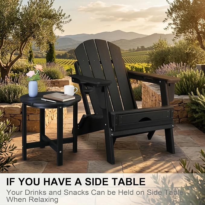 Outdoor Side Table, 18" HDPE Round Patio End Table, Weather Resistant Small Outside Table for Adirondack Chairs, Garden, Porch, Poolside, Deck and Living Room, Wood-Like Texture, Black (Style A)