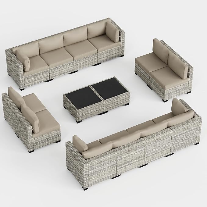14-Piece Outdoor Patio Furniture Set, PE Wicker Rattan Sectional Sofa Conversation Set with Tempered Glass Table & Thick Cushions - All-Weather Garden, Backyard Furniture, Beige