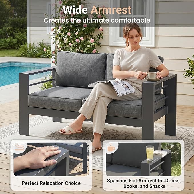 Solaste 5-Seaters Aluminum Outdoor Patio Furniture Set, Patio Sectional with 5" Thick Cushion, Outdoor Furniture with Coffee Table, Patio Sofa for Porch, Backyard, Deck, Yard, Dark Grey