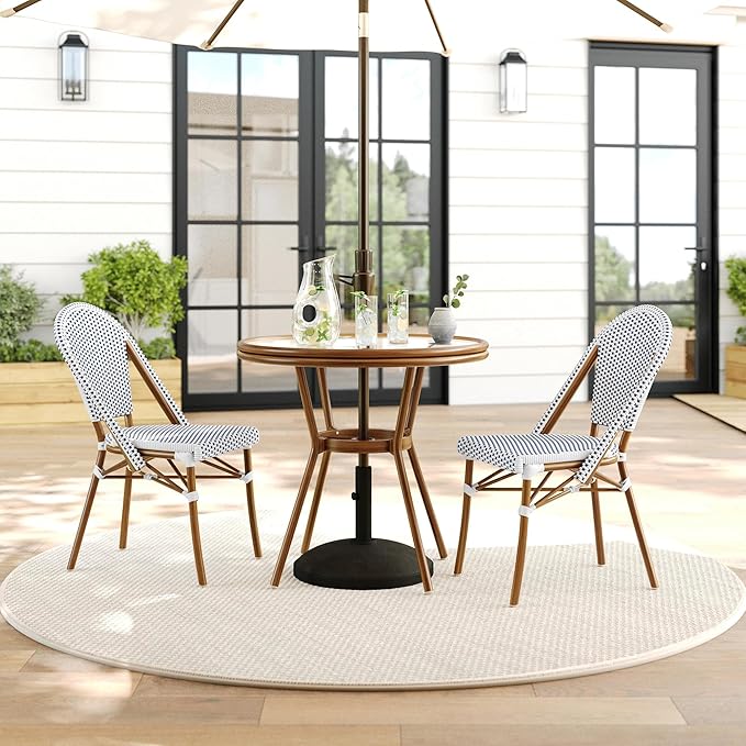Martha Stewart Lily Pond 31” Round Indoor-Outdoor Bistro Dining Table with Aluminum Frame in Natural Woodgrain and Rattan Top in White/Navy with Tempered Glass Top