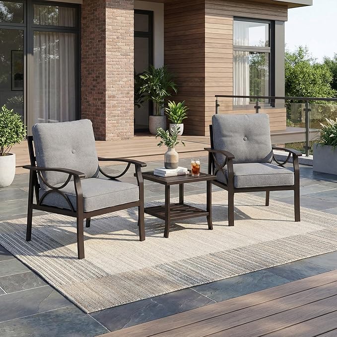 RoyalCraft Outdoor Patio Furniture Set, 3 Piece Patio Conversation Set, Metal Furniture Set for Porch Backyard,Khaki Metal Furniture with Gray Cushions