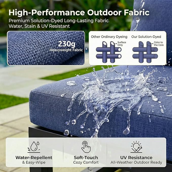 NICESOUL 6 Piece Modular Grey Aluminum Outdoor Patio Furniture Set with Fire Pit Table Propane/Natural Gas, 29" Deep Wide Seated Conversation Sofa, 500 lbs Heavy Duty L Shaped Sectional, Denim Blue