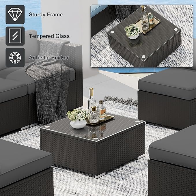 SUNCROWN 7-Piece Outdoor Patio Furniture Sofa Set All-Weather Wicker Sectional Conversation Set with Modern Glass Coffee Table, Cushions and Waterproof Cover,Dark Grey