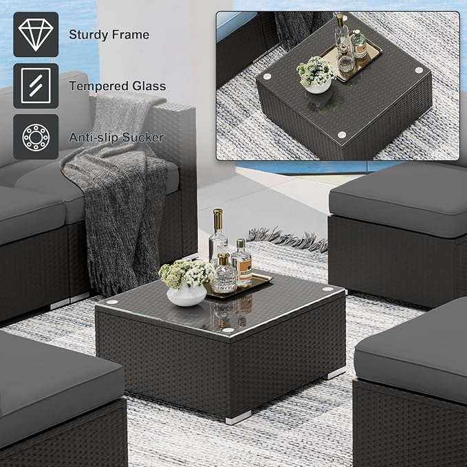 SUNCROWN 7-Piece Outdoor Patio Furniture Sofa Set All-Weather Black Wicker Sectional Conversation Set with Modern Glass Coffee Table and Cushions, Garden, Backyard, Deck, Poolside,Dark Grey