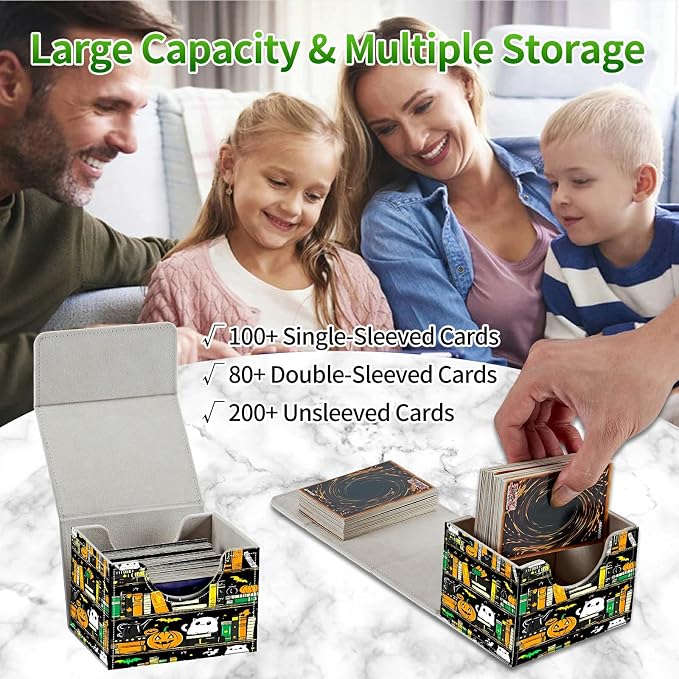 Card Deck Box for MTG, Cards Storage Box Fits 120+ Sleeved, Leather Small Size Strong Magnetic Closing Card Case for Board Games Magic TCG CCG Baseball Collection, Pumpkin Books