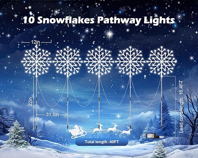 Brightown Large Snowflake Pathway Lights,10-Pack 34" Outdoor Snowflake Christmas Lights Decor for Yard, 8 Modes Sidewalk Marker Stake for Driveway Walkway, IP44 Waterproof, Cool White