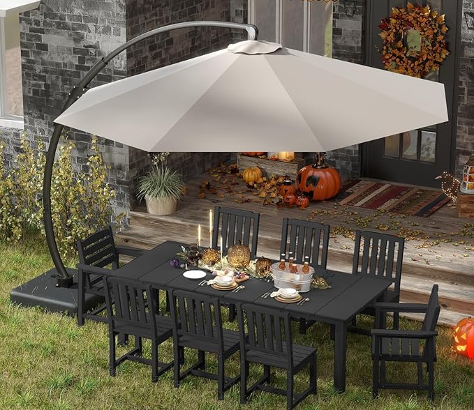 Patio Kingdom9-Piece Black Outdoor Dining Set with White11FT Large Patio Umbrella, 75.2'' HDPE Table & Chairs for 8, Weather-Resistant Furniture with Umbrella Hole for Patio, Lawn, Poolside