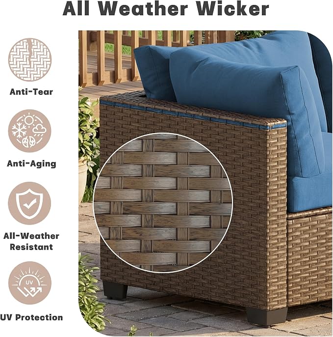 Patio Furniture Set, 7-Piece Outdoor Sectional Couch with Coffee Table & Thick Cushions, Outdoor Wicker Conversation Set for Backyard, Poolside, Garden (Brown-Peacock Blue, 7 Piece-Double)
