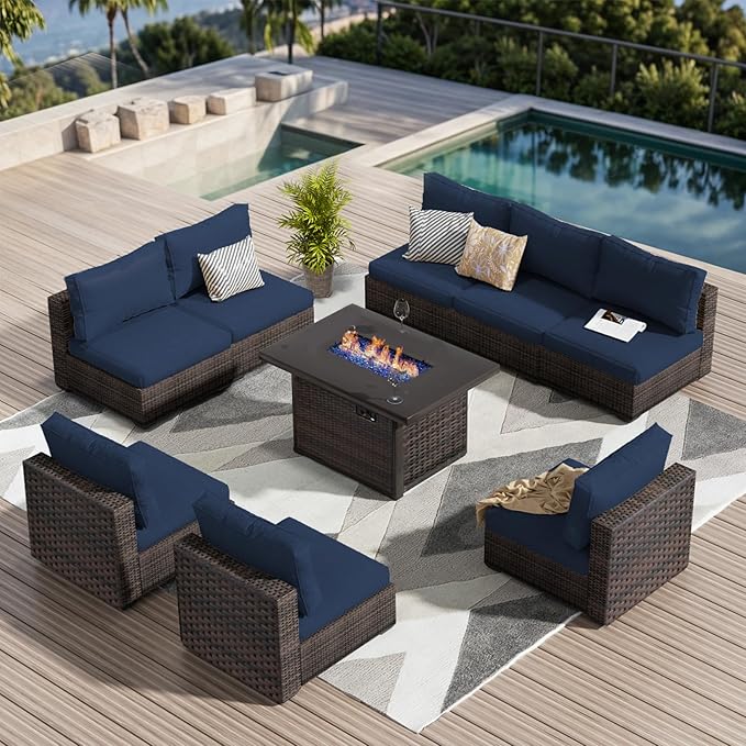 9 Pieces Outdoor Sectional Patio Furniture Set with Fire Pit Table PE Rattan Wicker Patio Sectional Armless Conversation Set with Cushions Blue