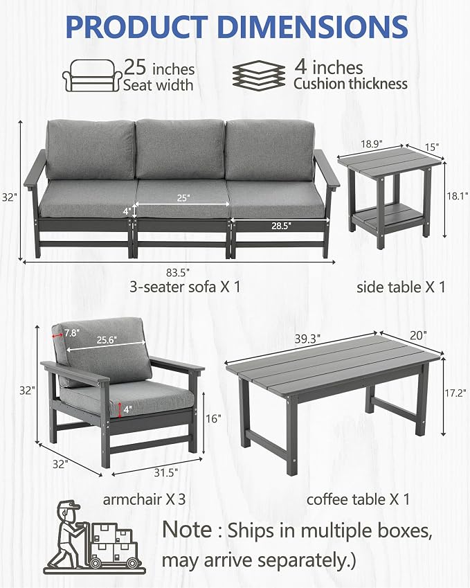 HDPE Outdoor Patio Furniture Set, 8-Piece Sofa Set with 3-Seat Couch, 3 Armchairs,Side Table & Coffee Table, Weatherproof Conversation Set with Cushions,for Garden, Porch & Backyard