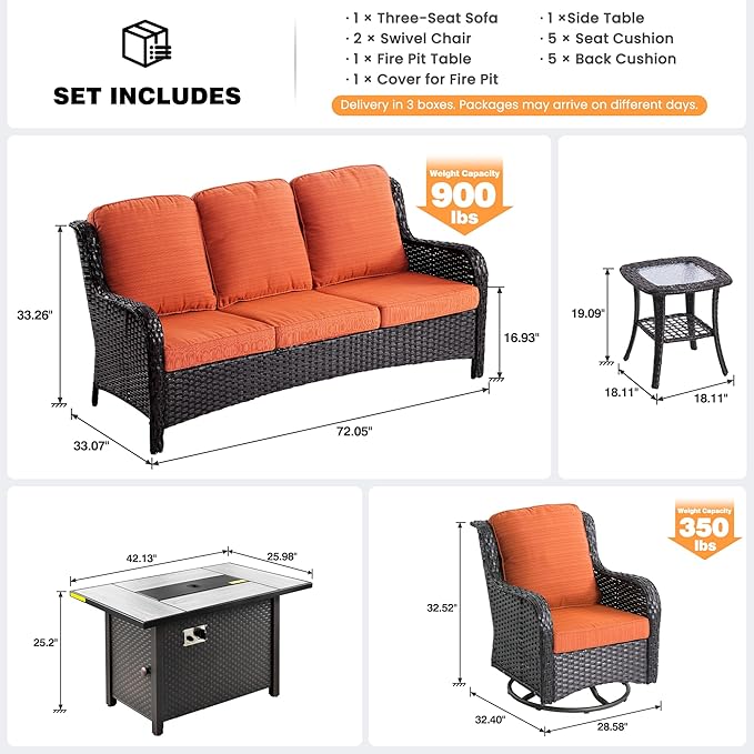 ovios 5-Piece Patio Furniture Set with Swivel Chairs Coffee Table, Outdoor Wicker Sofa with 42" Fire Pit Table, High Back Couch Modern Conversation Sets, Brown/Orange Red