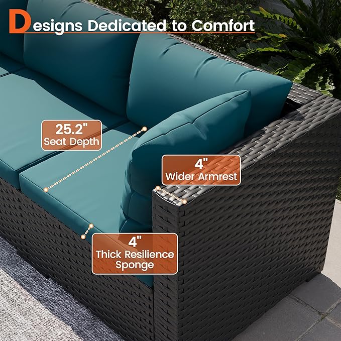 8 Piece Patio Furniture Set with 43" Fire Pit Table, Outdoor Sectional Wicker Rattan Sofa Set with Coffee Table (Peacock Blue/Black)