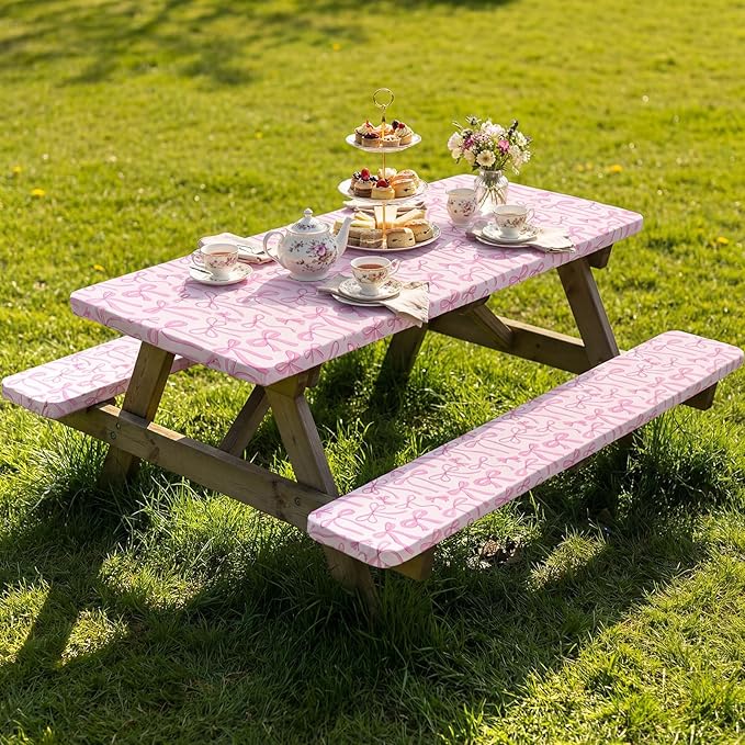 SmoothNovelty Pink Bow Picnic Table Cover with Bench Covers for 6 ft Tables, Fitted Elastic Polyester Waterproof Camping Tablecloth for Women Birthday Party Supplies Cute Patio Picnic BBQ Decor