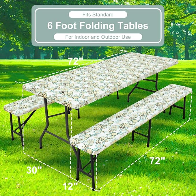misaya Picnic Table Cover with Bench Cover, Waterproof Elastic Fitted Tablecloth for 6 Foot Tables, Rectangle Washable Polyester Tablecloths for Picnic, Camping, Outdoor (Paisley Flower, 30" x 72")