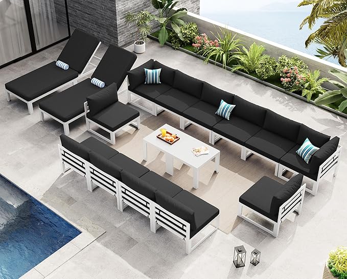 NICESOUL 16 Piece Luxury Aluminum Outdoor Sectional Sofa with Chaise Lounge, Oversized Modular Patio Furniture Set, 29" Deep Wide Seating, 500 lbs Heavy Duty Conversation Set for Backyard, Black