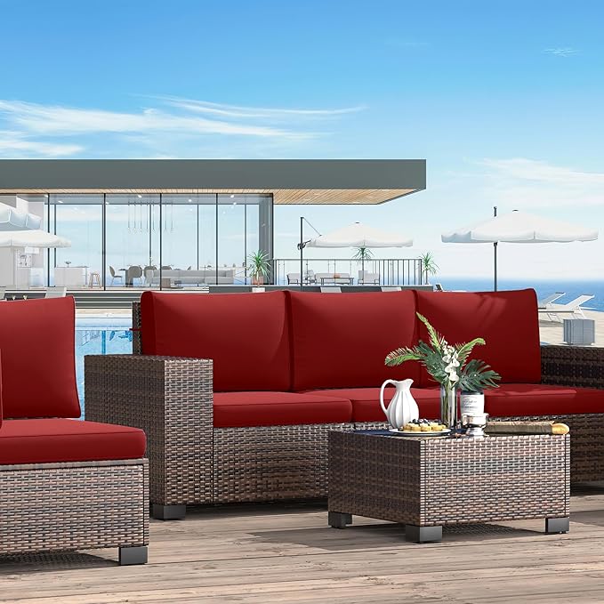 Patio Furniture Set, 8 Pieces Outdoor Sectional Sofa Conversation Sets with Waterproof Cover Modern Wicker Seating Set, 4'' Thickened Cushions 1 Glass Coffee Table 2 Armless Sofas, Wine