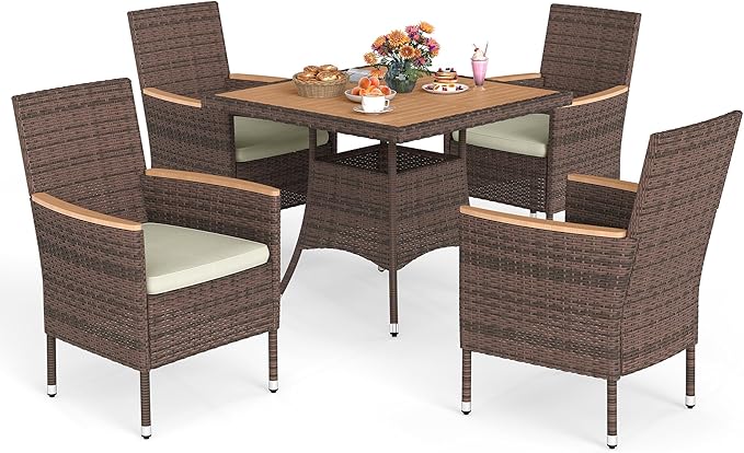 Wisteria Lane Patio Dining Sets for 8, All Weather Rattan Outdoor Table and Chairs with Acacia Wood Tabletop, Patio Dining Furniture with Removable Cushions for Deck Garden, Backyard, Brown