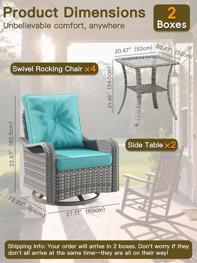 6-Piece Patio Furniture Set, Outdoor Swivel Rocking Chairs with 4" Thick Cushions & Side Table, All-Weather PE Rattan & Rust-Resistant Steel Frame Conversation Set for Porch, Backyard, Turquoise
