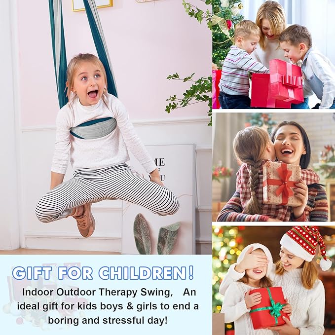 Therapy Swing Hammock Kids Cuddle Sensory Swing Indoor Therapeutic Hammock 360° Rotating Double Layer Elastic Rocking Cloth Swing Gifts for Children with ADHD SPD Asperger Autism (Green+Grey)