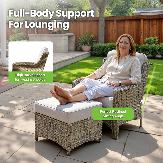 8 Piece Patio Furniture Set with Fire Pit Table, All Weather Wicker High Back Sofa Chairs Ottoman with Thick Cushion, Outdoor Conversation Sets for Large Backyard Deck Garden, Grey