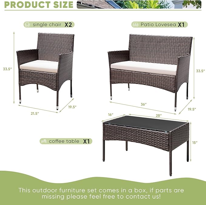 Greesum Patio Furniture 4 Pieces Conversation Sets Outdoor Wicker Rattan Chairs Garden Backyard Balcony Porch Poolside loveseat with Cushion and Glass Table, Brown and Beige