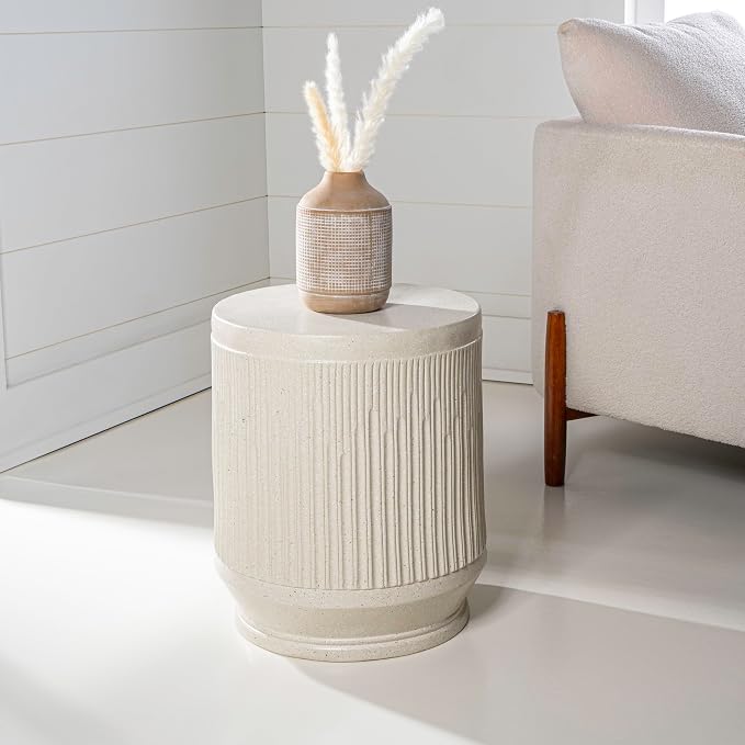 JONATHAN Y Kline Ribbed Resin Modern Outdoor Accent Table, 17.5" H All-Weather Cream Terrazzo Patio Drum Side Table and Garden Stool for Pool, Porch, and Living Room TBL1103A