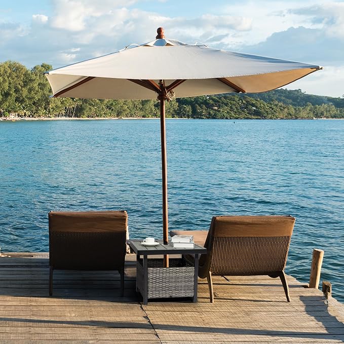 Outdoor Patio Umbrella Stand Table, All Weather Small Wicker Side Table with Umbrella Hole, 22 in Rattan Base Table (Grey)