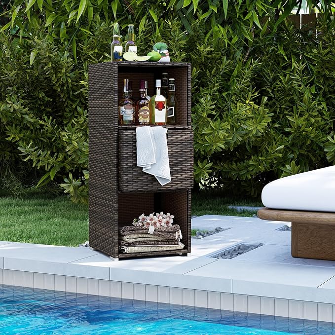 Tangkula Rattan Outdoor Storage Cabinet, Patiojoy Outdoor Wicker Cabinet with 3 Shelves, 1 Removable Drawer, Patio Storage Deck Box for Backyard Poolside Porch