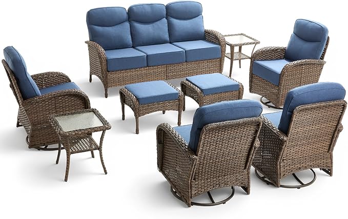 Luxury Outdoor Patio Furniture Set with 6-Inch Thick Cushions, 9 Pieces Wicker Outdoor Furniture with High Back Swivel Patio Chairs Set of 4, Outdoor Patio Conversation Set for Deck Garden, Blue