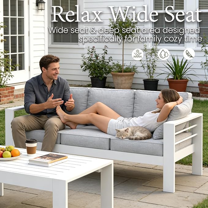 LayinSun Aluminum Furniture Set with Fire Pit Table, 4 Pieces Patio Sectional Conversation Chat Sofa Modern Seating Set