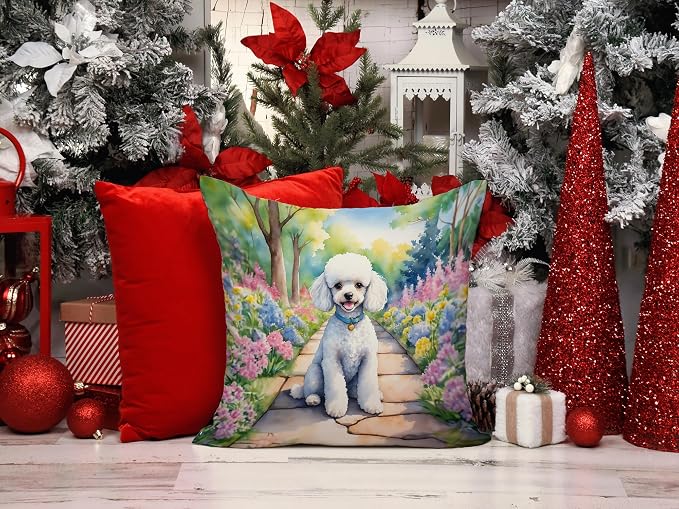 Caroline's Treasures White Poodle Spring Path Throw Pillow Machine Washable, Indoor Outdoor Decorative Pillow for Couch, Bed or Patio, 14Hx14W