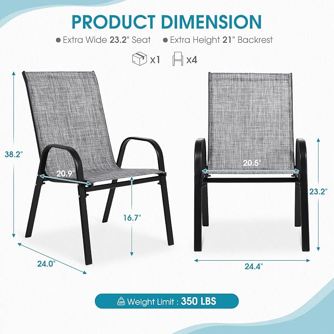 24.4" Wide Outdoor Stackable Chairs Set of 6, Stacking Patio Chairs with Textilene Fabric, Outside Furniture for Garden Backyard Balconie Poolside Deck, Grey