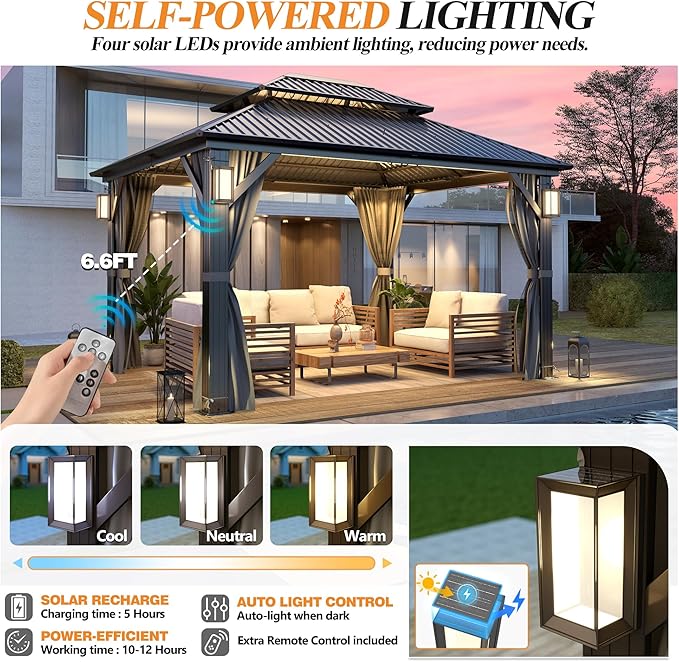 GARTOO 10'x12' Outdoor Hardtop Gazebo with Double Roof - Heavy-Duty Steel Top Aluminum Frame Gazebo with Solar LED Light, Breathable Netting & Privacy Curtain for Patio, Porch, Garden, Backyard
