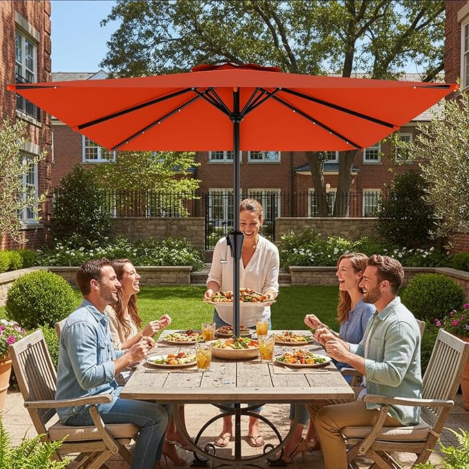 AreShark 8' X 10' Rectangular Patio Umbrella with Solar Lights, Lighted Solar Umbrella with Crank, Outdoor Table Umbrella for Garden, Deck, Backyard, Pool and Beach, Orange