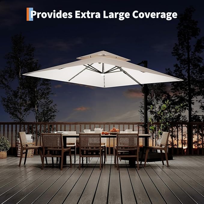 10x10 ft Double Roof Square Cantilever Patio Umbrella with Solar LED Lights & Cross Base – 360° Rotation, Heavy-Duty Sun Shade with Easy Tilt for Backyard, Poolside, and Garden Use, Navy Blue