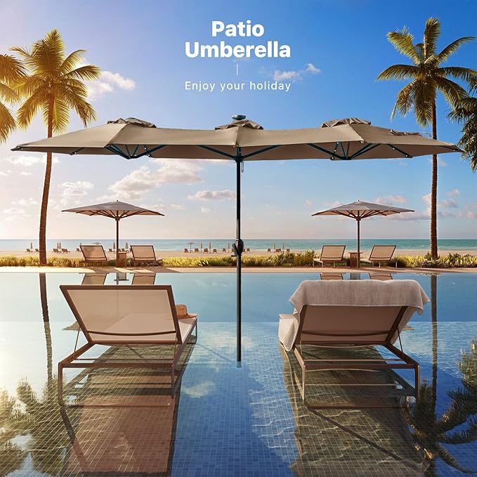 FREE SOLDIER 13ft Patio Umbrella with 36 LED Solar Lights Double Sided Outdoor Umbrella for Patio Table Umbrella with Solar lights for Garden Yard Pool (Tan)