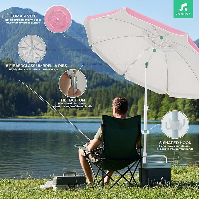 JEAREY 6.5ft Sun Shade Umbrellas, Portable Umbrella with Stand, Lightweight Sun Protection Free Standing Sport Umbrella for Outdoor Sports, Camping, Fishing, Patio, Beach, Sakura Pink