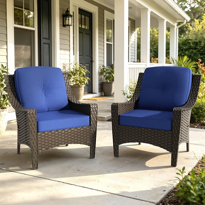 Patio Wicker Chair Set of 2 with High Back, All Weather PE Wicker Chair with Waterproof Cushion for Porch, Backyard, Balcony, Deck